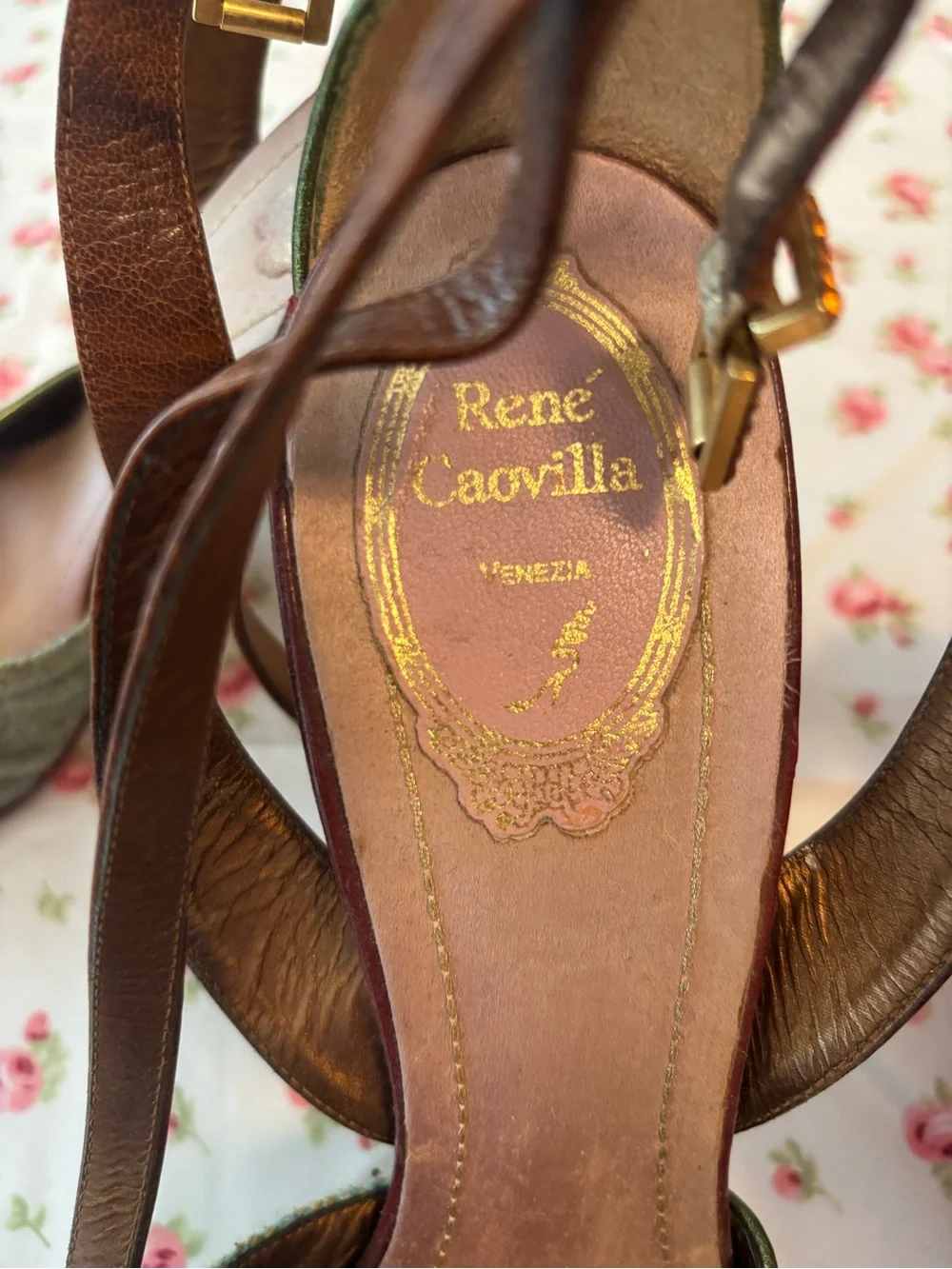 Rene Caovilla Y2K Brown Leather Heels Jewel Flower